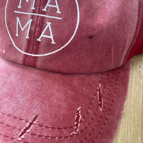 MAMA Trucker Hat high Ponytail Baseball Hat Wine Red Distressed Vintage Wash - Picture 3 of 6